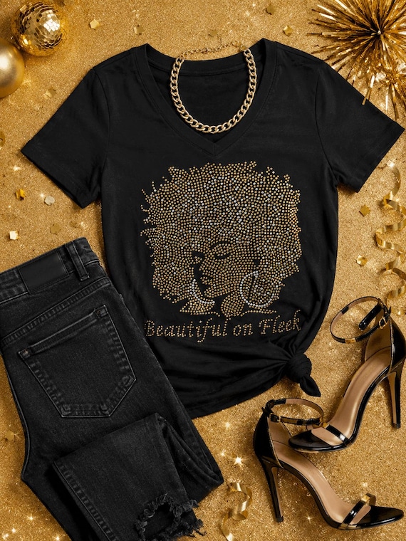 Beautiful on Fleek Rhinestone V-Neck T-Shirt | Glam Afro Queen Graphic Tee | Sparkle Fashion Statement Tee