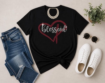 Blessed Rhinestone Heart T-Shirt, Christian Gift Tee