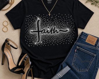 ラインストーンが散りばめられた「信仰」Tシャツ。女性向けの、やる気を起こさせる、インスピレーションを与える、キリスト教の信仰をテーマにしたシャツ。