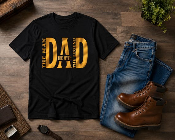 Dad Graphic Tee – The Man Myth Legend, Gold Lettering, Cotton Shirt