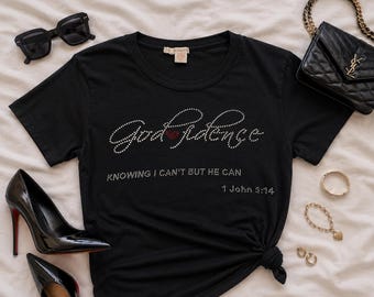 Camiseta Godfidence con diamantes de imitación. Camisetas motivacionales, inspiradoras, cristianas y de fe para mujer.