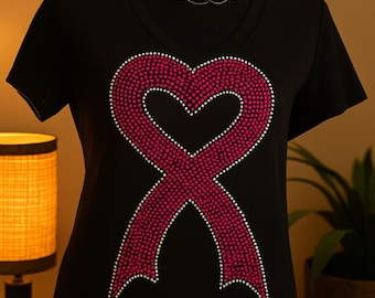 Pink Heart Awareness Ribbon Rhinestone T-Shirt