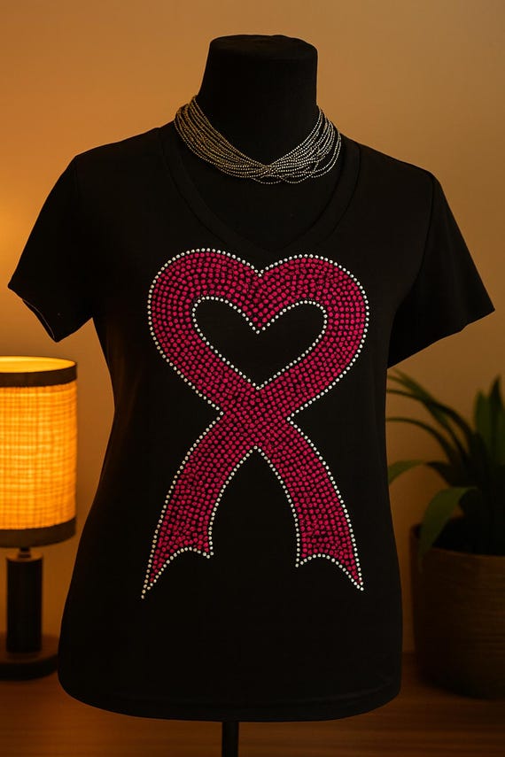 Pink Heart Awareness Ribbon Rhinestone T-Shirt