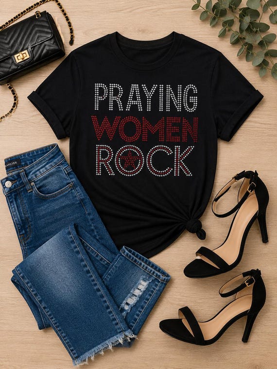 Praying Woman Rock Rhinestone/Bling T-shirt. Motivational, Inspirational, Christian, Faith Shirts for Women