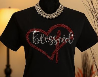 Blessed W/Heart and Cross. Rhinestone/Bling T-shirt. Motivational, Inspirational, Christian, Faith Shirts for Women
