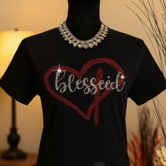 Blessed W/Heart and Cross. Rhinestone/Bling T-shirt. Motivational, Inspirational, Christian, Faith Shirts for Women