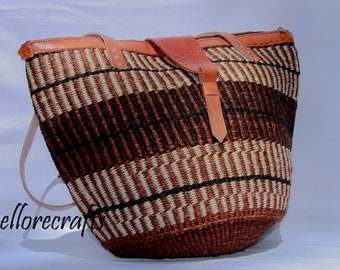 Handwoven Sisal Basket Bag, African Woven Market Bag, Handcrafted Summer Beach Bags