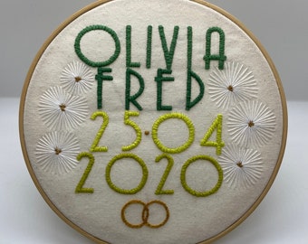 Personalised Wedding Day Embroidery Hoop: Bespoke Hand Stiched Wall Decor Gift
