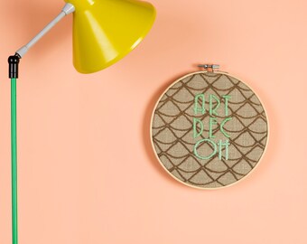 Hand Stitched, ART DECOH Embroidery Hoop, Hand Embroidered Art Deco Wording, Wall Hanging Picture, Handmade Keepsake Gift, Brown, Green