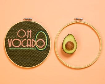 Hand Stitched, OHVOCADO Embroidery Hoop, Hand Embroidered Avocado Wording, Wall Hanging Picture, Handmade Keepsake Gift, Green, Pink