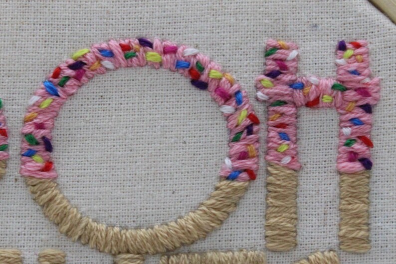 May include: Close-up of embroidered text on a cream-colored fabric. The letters "OH" are prominently displayed, with the "O" in a circle shape. The letters are pink with colorful sprinkles, and the base of the letters is a tan color.