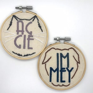 Hand Stitched Pet Name Embroidery Hoop: Bespoke Personalised Cat Dog Silhouette Wall Decor