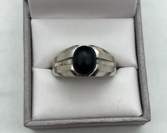 Anillo vintage de oro blanco de 10k con ónix negro para hombre, talla 11 - 4,87 gramos. Procedente de una herencia.
