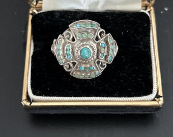 Vintage Sterling Silver Mexico Turquoise Cluster Ring Size 6 - 11.38 Grams