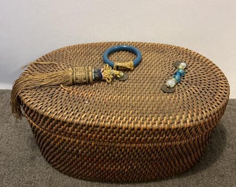 Vintage Decorative Chinese Sewing Basket Wicker Bamboo Rings & Beads 10x7x4.25”