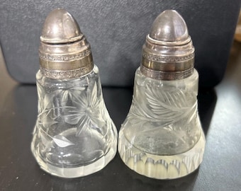 Vintage Sterling Silver Top Glass Salt & Pepper Shakers 3.25”