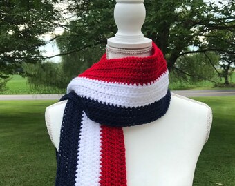 Red White and Blue Scarf, Patriotic Scarf, Flag Scarf, Winter Scarf, Crochet Scarf Women, Striped Scarf, Warm Scarf Men, Handmade Scarf