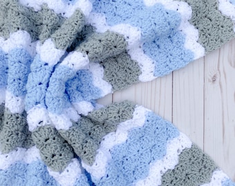 Blue and Gray Baby Blanket Crochet Handmade, Baby Afghans, Blue Baby Blanket, Baby Boy Blanket, Striped Baby Blanket, Newborn Boy Blanket