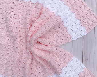 Pink and White Baby Blanket Crochet, Newborn Girl Blanket, Baby Afghan, Handmade Baby Shower Gift, Crib Blanket, Girl Nursery Bedding