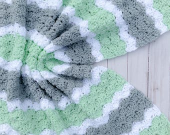 Green and Gray Baby Blanket Crochet, Baby Afghan Blanket, Newborn Baby Blanket, Gender Neutral Baby, Crib Blanket, Handmade Baby Blanket