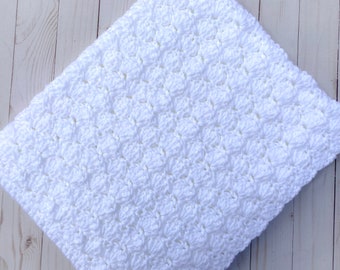 White Baby Blanket Gender Neutral, Christening Blanket, Crochet Baby Afghan, Handmade Baby Blanket for Girl, For Boy, Knit Baby Blanket