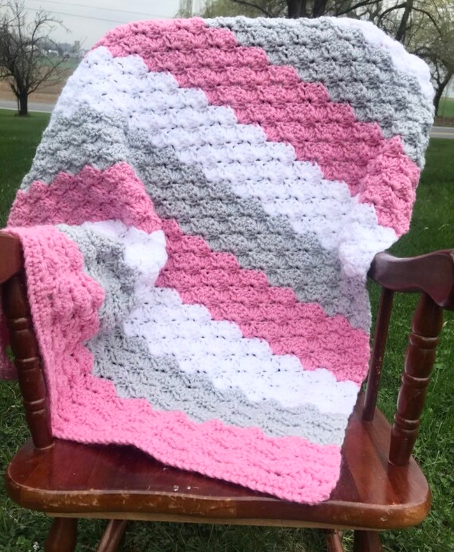 Pink and Gray Baby Blanket Crochet for Girl Handmade Knit Etsy