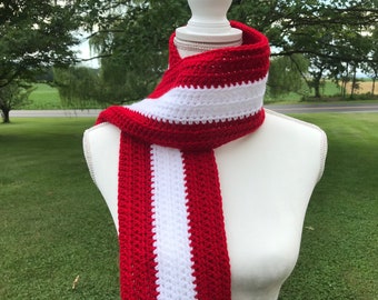 Red and White Handmade Scarf Crochet, Winter Scarf Women, Christmas Scarf, Crochet Scarf Handmade, Mens Scarf, Crocheted Scarf, Yarn Scarf