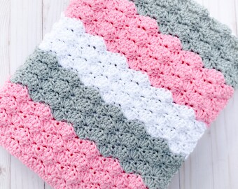 Pink and Gray Baby Blanket Crochet for Girl, Handmade Knit, Baby Afghan, Newborn Girl Blanket, Baby Girl Blanket, Afghan Baby Blanket