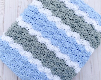 Blue and Gray Baby Blanket Handmade Crochet, Knit Baby Afghan, Blue Baby Blanket, Baby Boy Blanket, Striped Baby Blanket, Newborn Boy