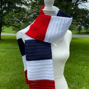 Red White and Blue Scarf, Patriotic Scarf, Flag Scarf, Winter Scarf Crochet Scarf Women, Military Scarf, Knit Scarf Men, Striped Scarf