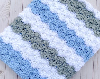 Blue and Gray Baby Blanket Handmade Crochet, Knit Baby Afghan, Blue Baby Blanket, Baby Boy Blanket, Striped Baby Blanket, Newborn Boy