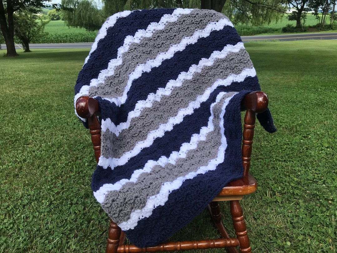 Blue and Gray Baby Blanket Handmade Crochet, Striped Baby Blanket, Knit Baby Afghan, Blue Baby