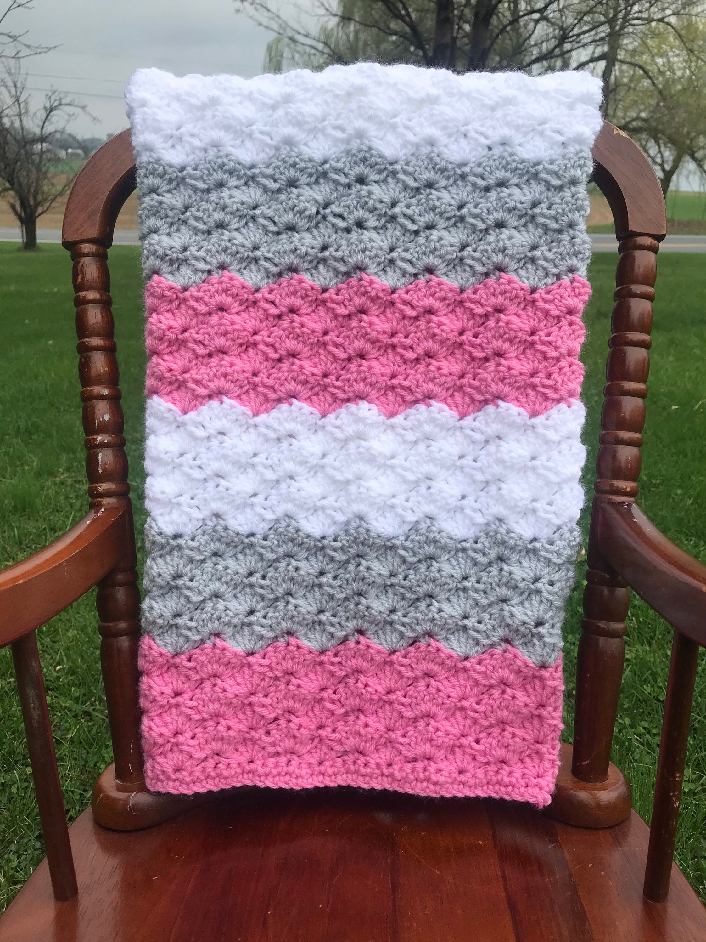 Pink and Gray Baby Blanket Crochet for Girl Handmade Knit Etsy