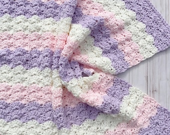 Lavender, Pink, and Cream Baby Blanket for Girl, Baby Blanket Handmade Crochet, Baby Nursery Blanket, Baby Gift Blanket, Baby Shower Blanket