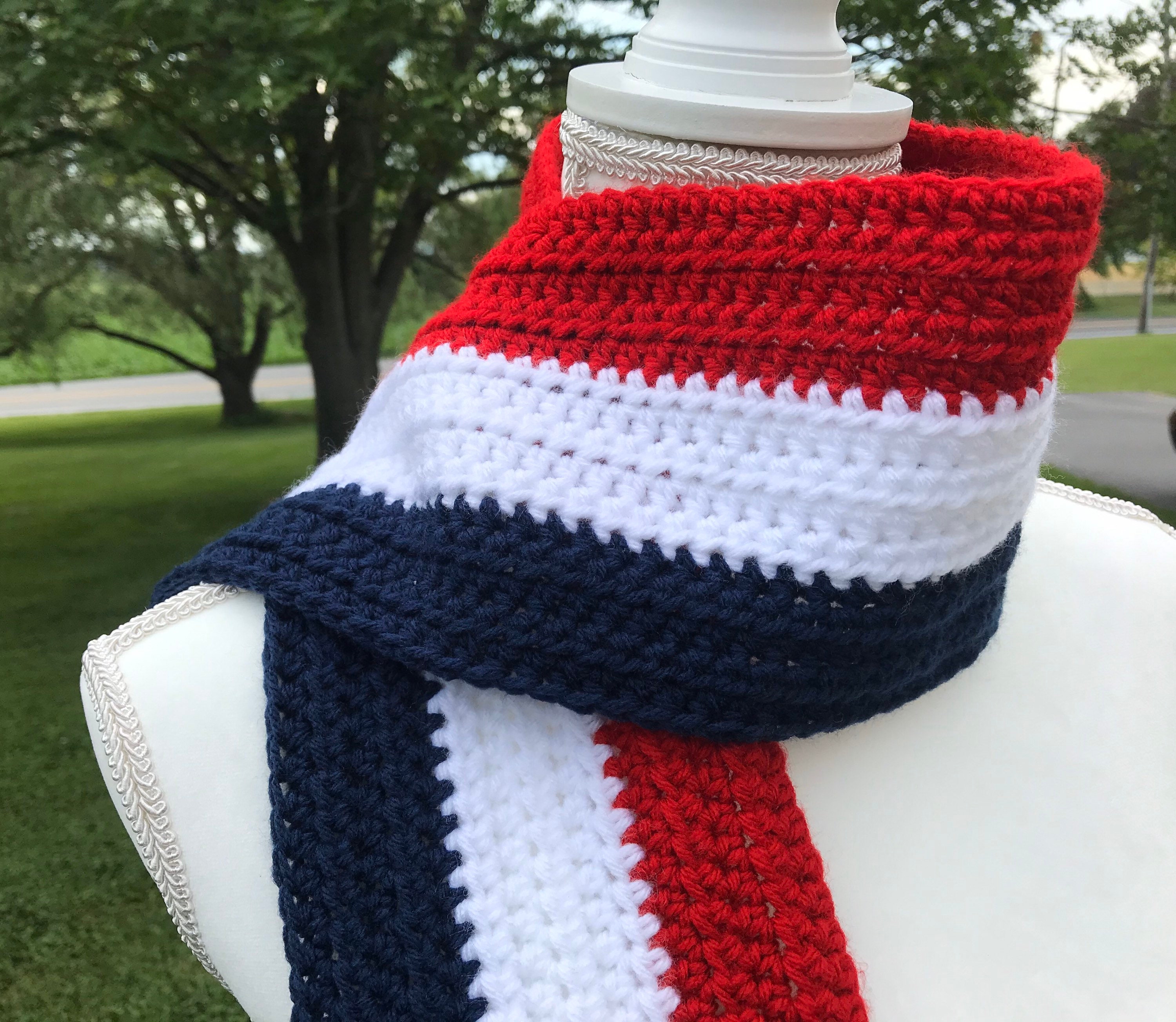 Men, Scarf, Crochet Blue Scarf, Women, Scarf Scarf, and Scarf Flag - Scarf, Scarf, White Red Striped Etsy Handmade Winter Patriotic Scarf Knit