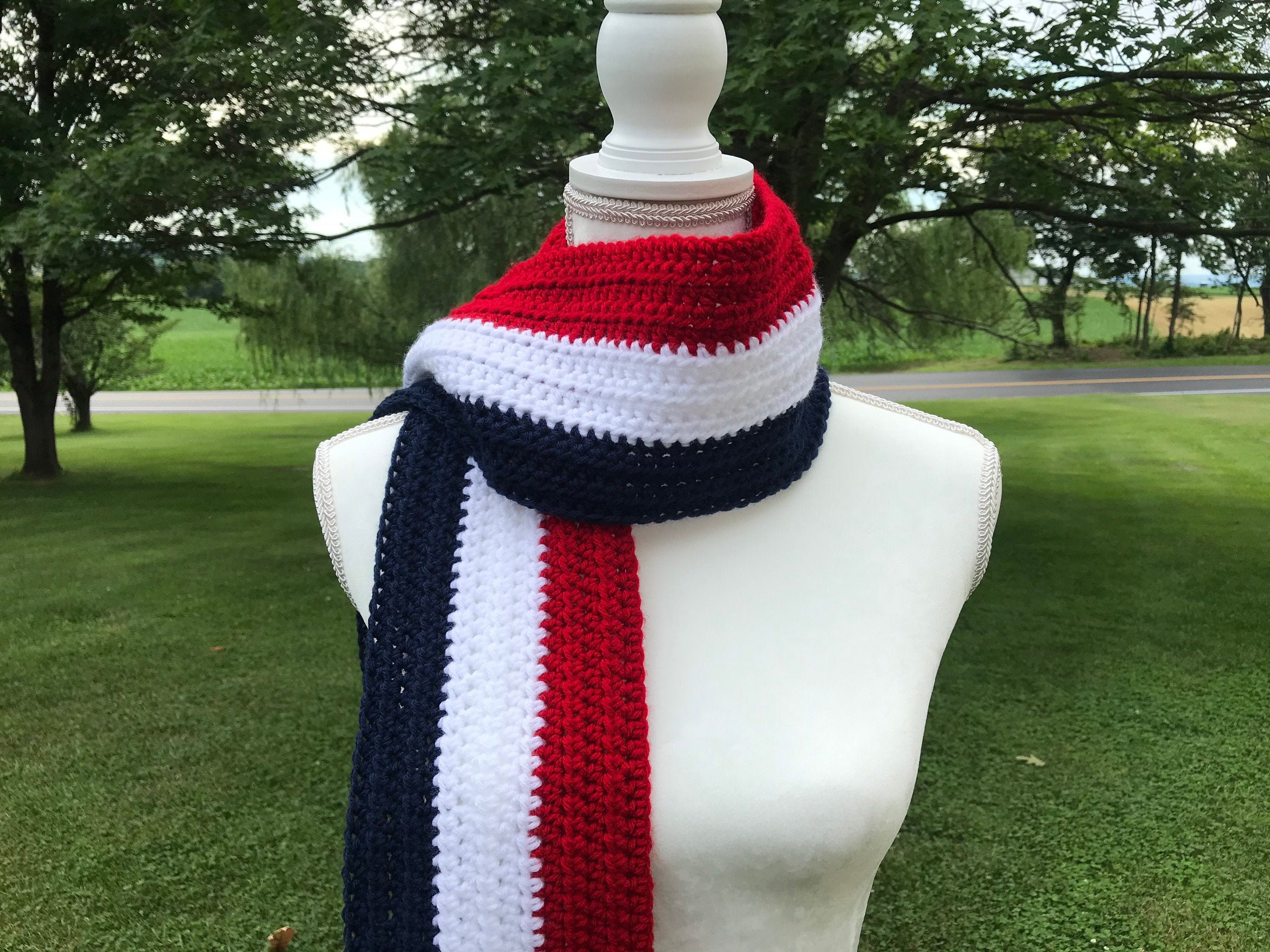 Flag Scarf Crochet Scarf, Etsy Scarf, Blue Scarf, Men, Striped Red Handmade Patriotic Scarf, and Winter White Women, Scarf, Scarf Scarf Knit -