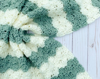Sage Green and Cream Baby Blanket, Baby Afghan Blanket, Gender Neutral Baby Blanket, Crib Blanket, Handmade Crochet Baby Blanket, Baby Gift