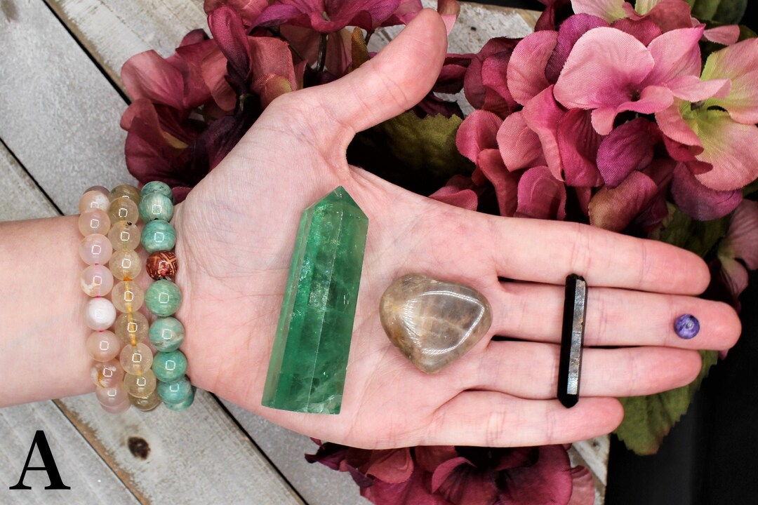 Sobriety Crystals, Addiction Recovery Gift, Crystals for Recovery, Green Fluorite Point, Black