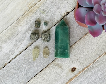 Prosperity Crystal Set, Citrine Tumbled, Pyrite Cube, Green Aventurine Point, Emerald Chips, Money Crystal Set, Financial Success