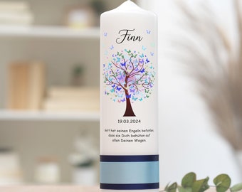 Baptismal candle tree of life with butterflies blue