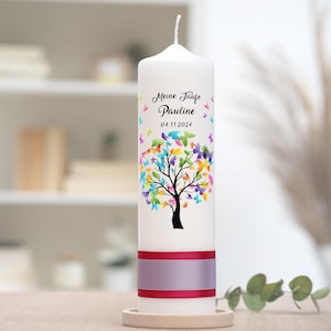 Baptismal candle tree of life with colorful butterflies