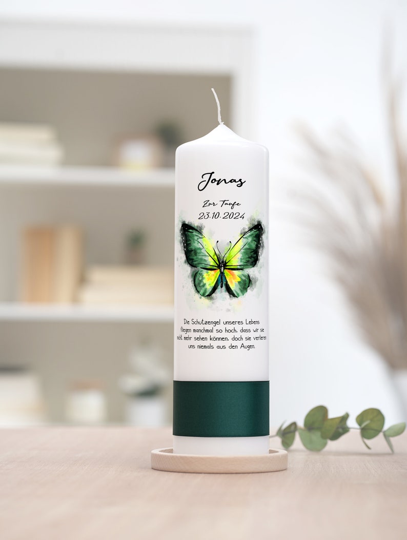 Baptism candle with butterfly in green image 1