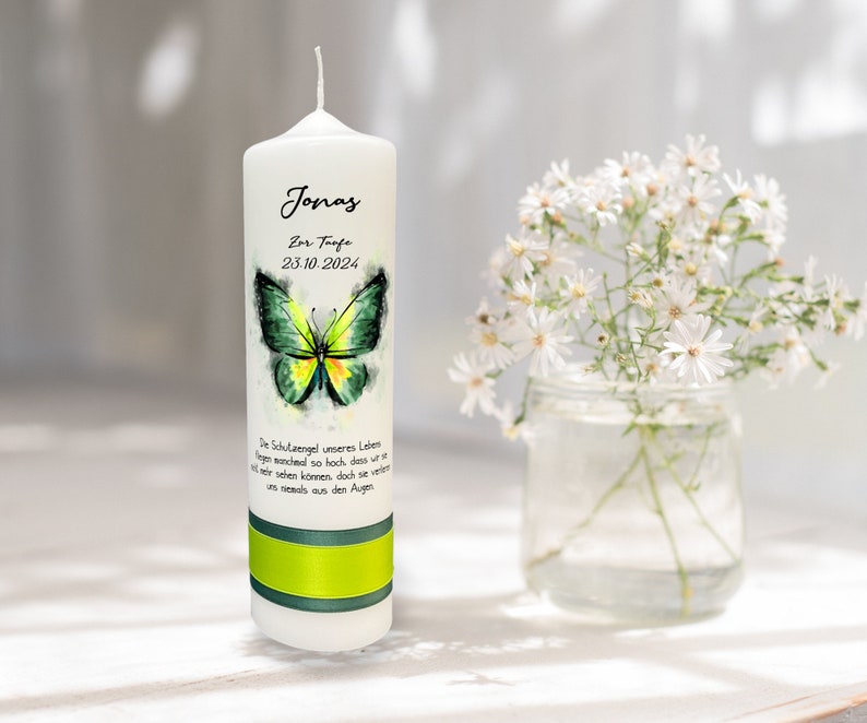 Baptism candle with butterfly in green image 4