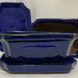 5.5" Glazed Ceramic Bonsai Pot & Matching Tray ~ Quince Azure Blue