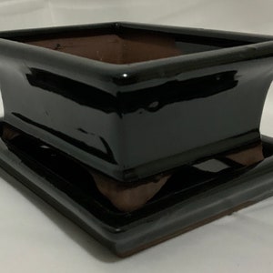 4.5&quot; Glazed Ceramic Bonsai Pot & Matching Tray ~ Tapered Rectangular Black