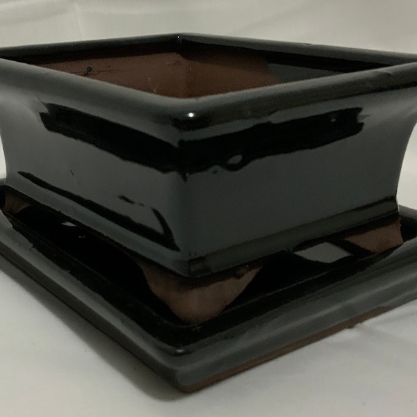 4.5" Glazed Ceramic Bonsai Pot & Matching Tray ~ Tapered Rectangular Black