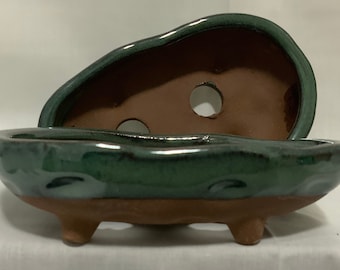 5" Glazed Ceramic Shallow Bonsai Pot ~ Oval Deep Sea Green