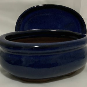 5” NEW! Glazed Ceramic Bonsai Pot & Matching Tray Pot Belly Oval Midnight Blue
