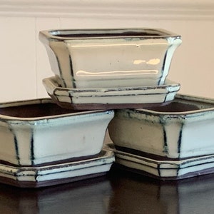 May include: Three white ceramic bonsai pots with brown rims and matching saucers. The pots are stacked on top of each other.