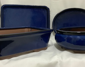 10” Glazed Ceramic Bonsai Pots & Matching Trays ~ Azure Blue